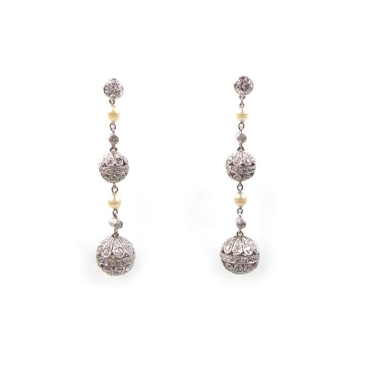 Pair of pearl and diamond ball pendant earrings